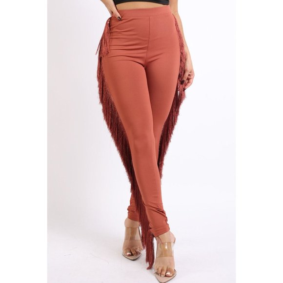 Women's Casual Side Fringe Tassel Detailed Elastic Waist Skinny Long Leggings - Picture 4 of 11